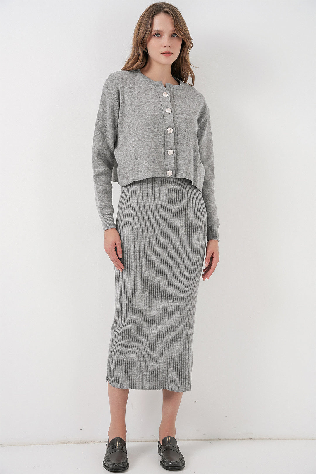 BGD Women Woman Cardigan Dress Knitwear Set 15960 - Grey - Montclair