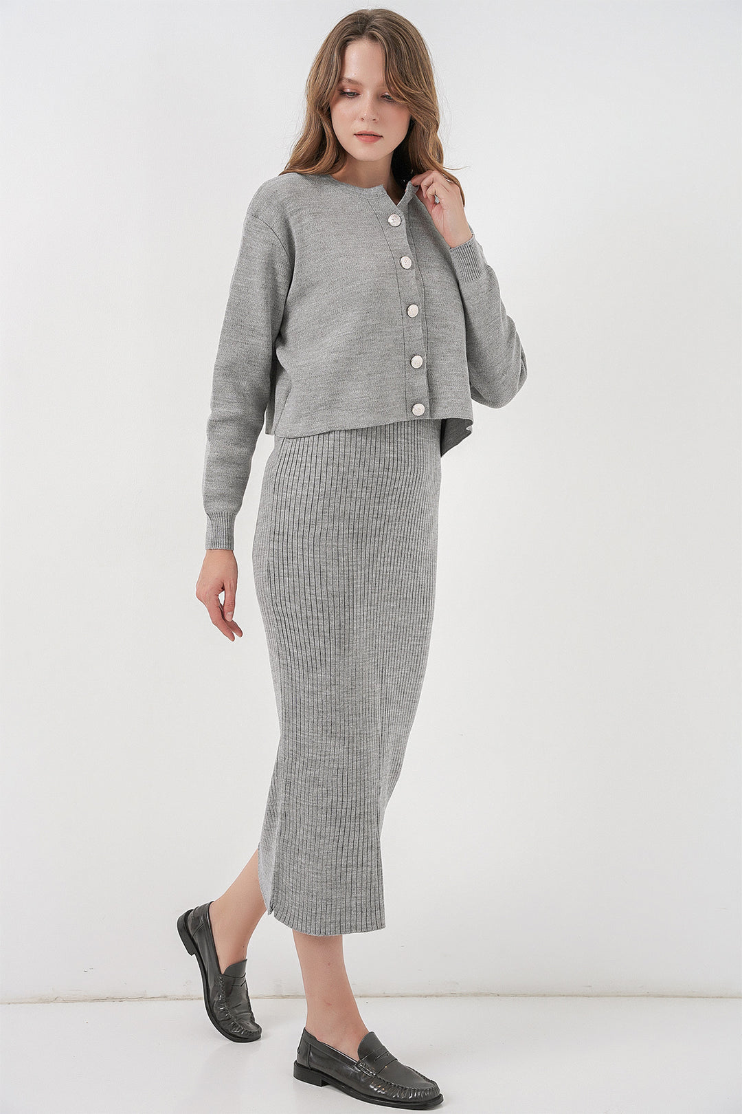 BGD Women Woman Cardigan Dress Knitwear Set 15960 - Grey - Montclair