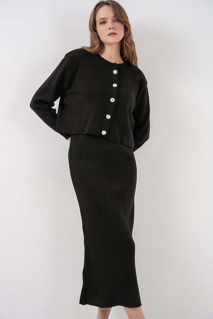 BGD Women Woman Cardigan Dress Knitwear Set 15960 - Black - Fresno
