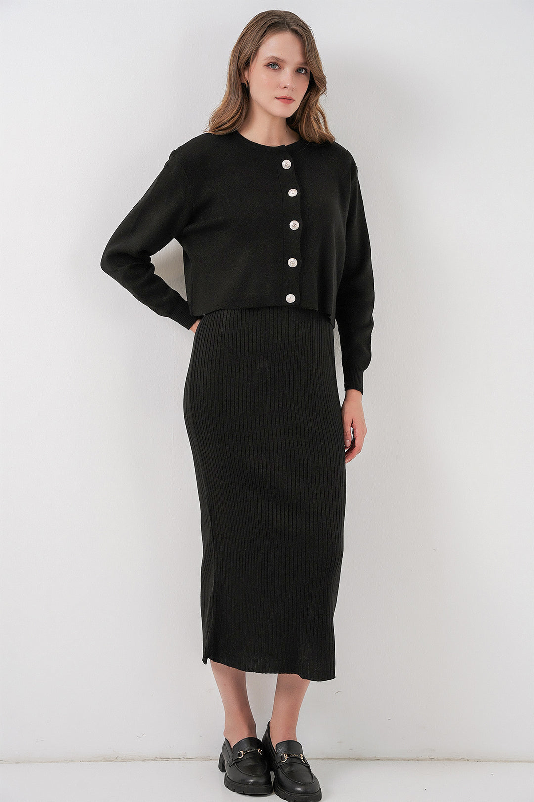 BGD Women Woman Cardigan Dress Knitwear Set 15960 - Black - Fresno