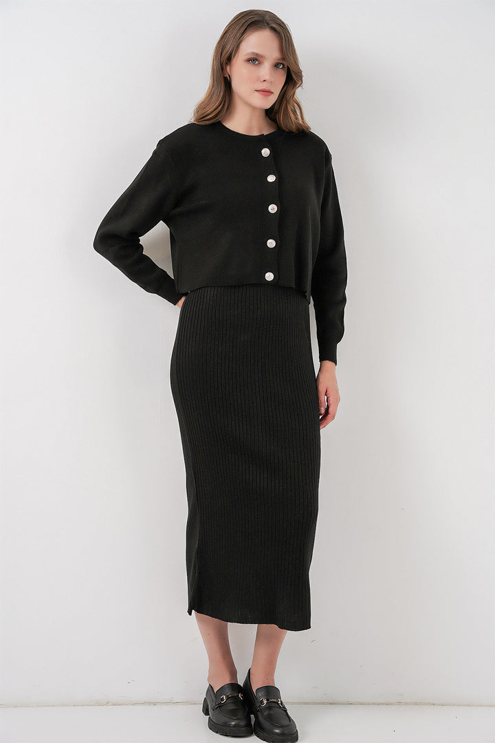 BGD Women Woman Cardigan Dress Knitwear Set 15960 - Black - Fresno