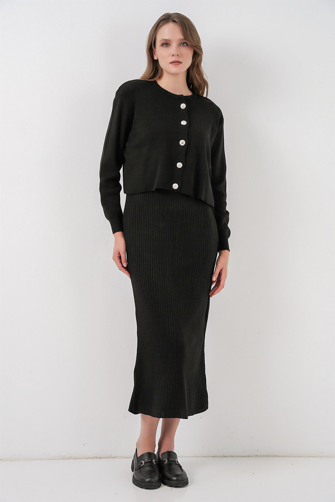 BGD Women Woman Cardigan Dress Knitwear Set 15960 - Black - Fresno