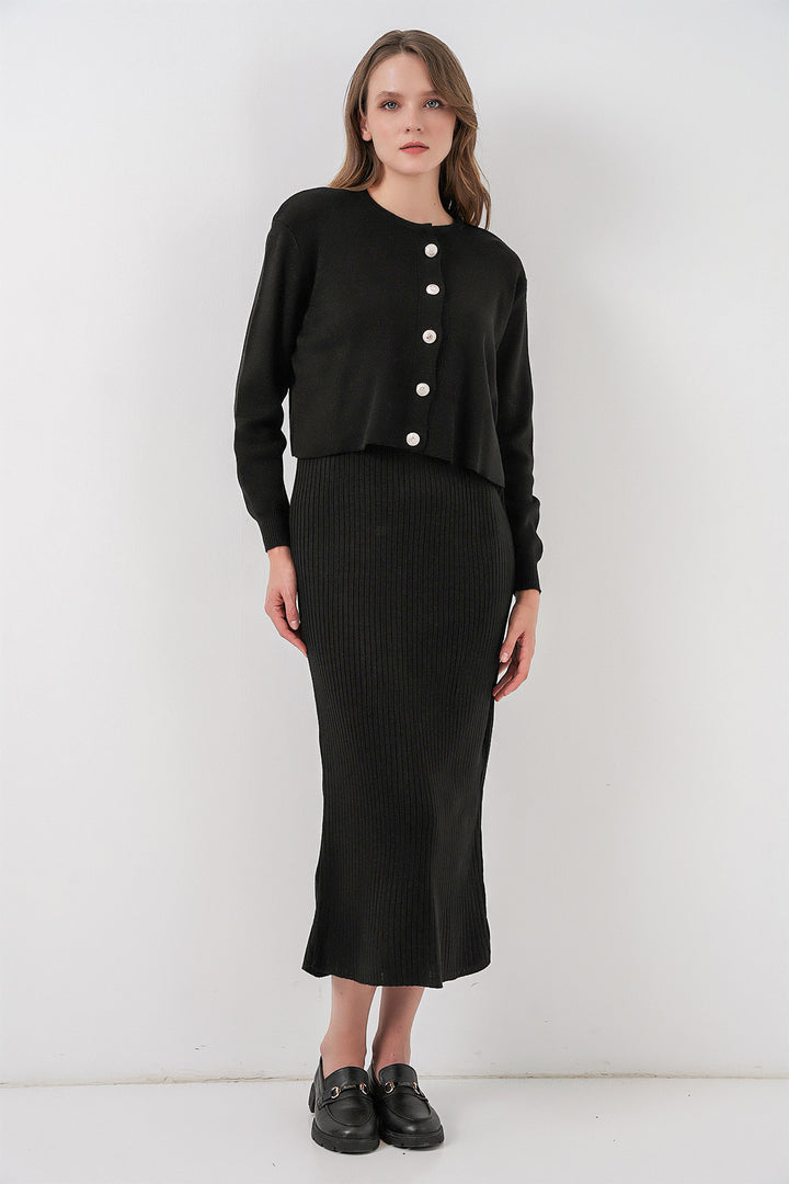 BGD Women Woman Cardigan Dress Knitwear Set 15960 - Black - Fresno