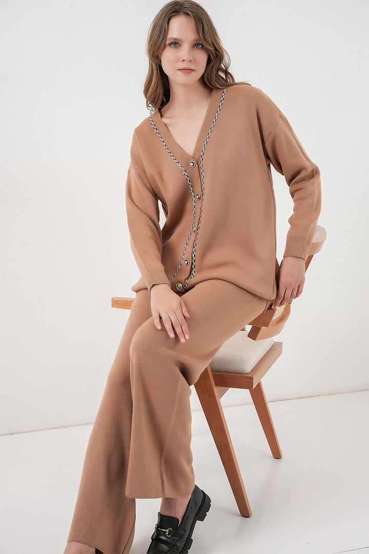 BGD Women Women's Cardigan Pants Knitwear Set 15956 - Camel - Santa Ana