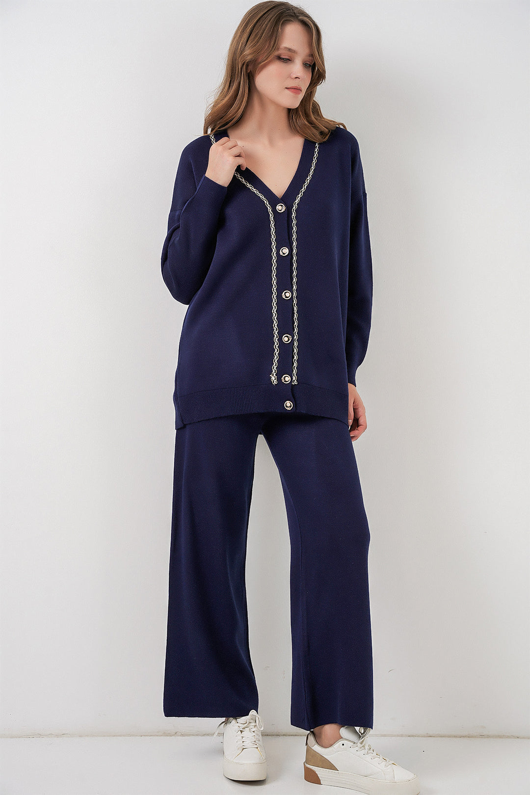 BGD Women Women's Cardigan Pants Knitwear Set 15956 - Navy Blue - Ankeny