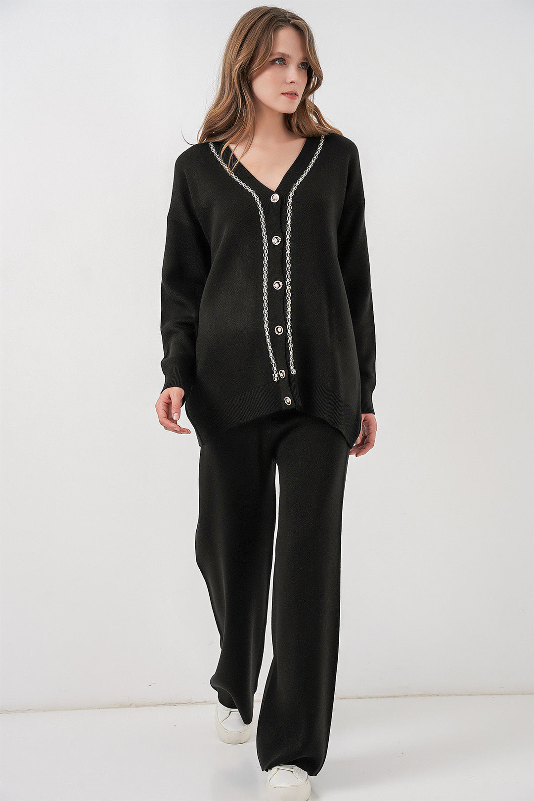 BGD Women Women's Cardigan Pants Knitwear Set 15956 - Black - Hengelo
