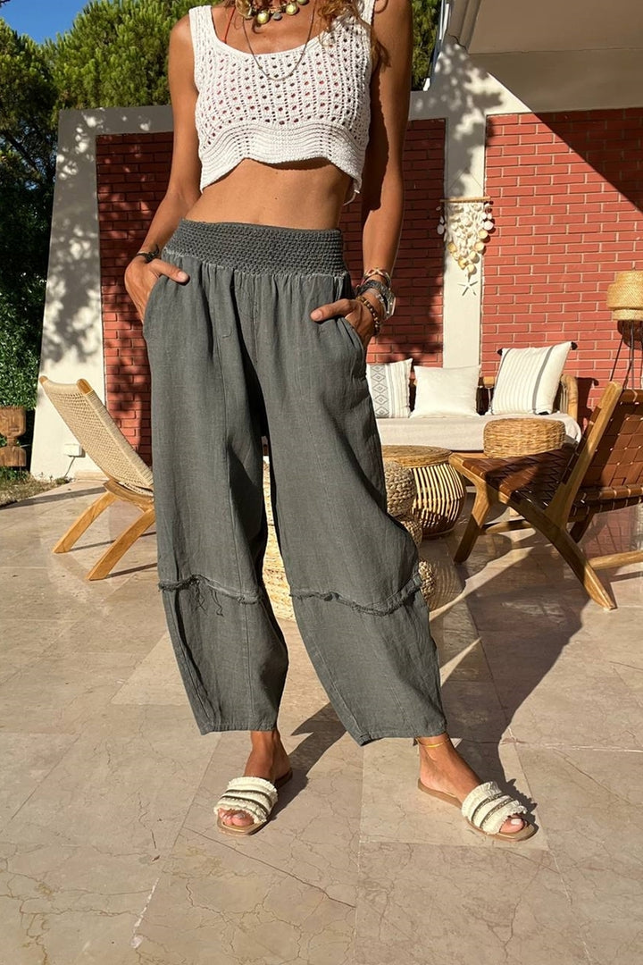 GNS Woman Anthracite مرونة الخصر الكتان نظرة غسلها فضفاضة تناسب جيوب الحريم RSD1230 - غرين باي