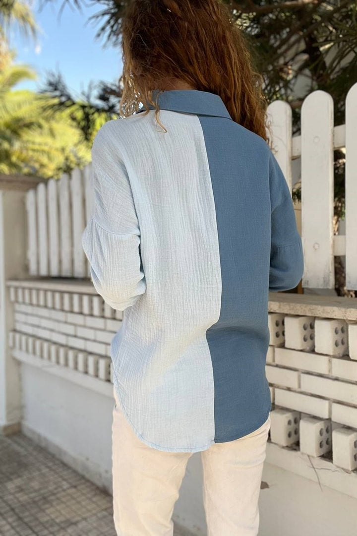 GNS Woman Indigo-White Muslin Color Block Loose Shirt Bst3458 - Tacámbaro de Codallos