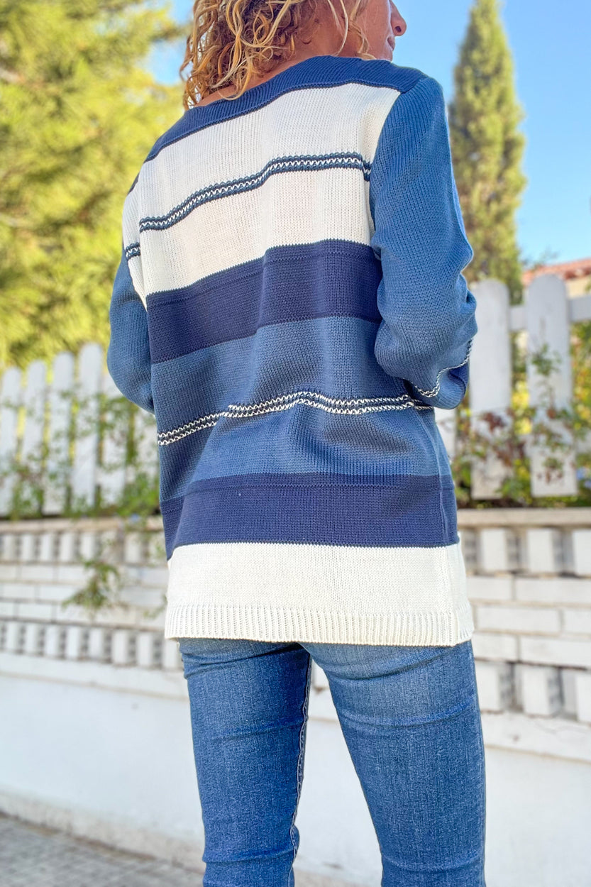 GNS Woman Indigo-Navy Blue V-Neck Color Block Loose Sweater Cck1705 - Chalon-sur-Saône