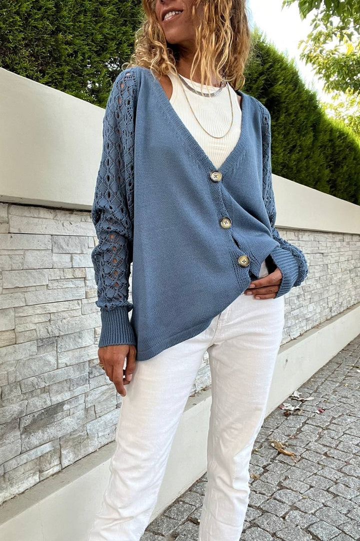 GNS Woman Indigo Raglan Sleeve Buttoned Sleeves Openwork Loose Cardigan Cck95004 - Kharkiv
