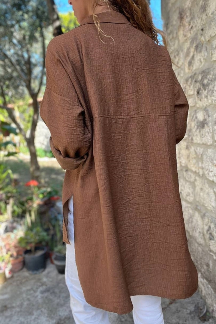 قميص GNS Woman بني بجيب مزدوج وطويل فضفاض BST700-3524 - برينستون