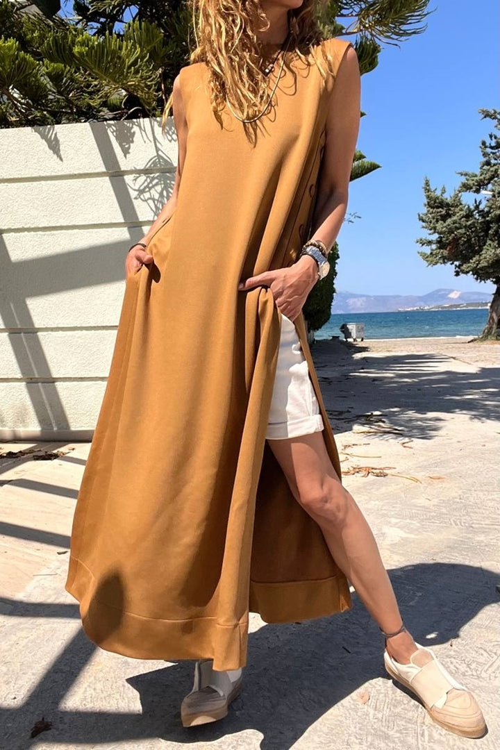 فستان طويل من GNS Woman بني سكوبا بأزرار وفتحة جانبية BST700-3561 - بيليفيلد
