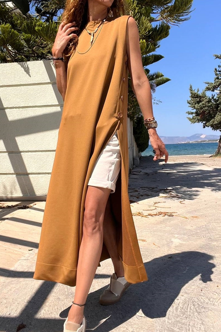 فستان طويل من GNS Woman بني سكوبا بأزرار وفتحة جانبية BST700-3561 - بيليفيلد