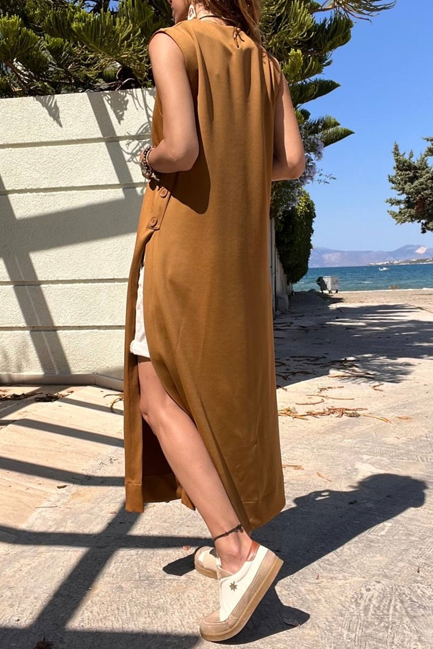 فستان طويل من GNS Woman بني سكوبا بأزرار وفتحة جانبية BST700-3561 - بيليفيلد