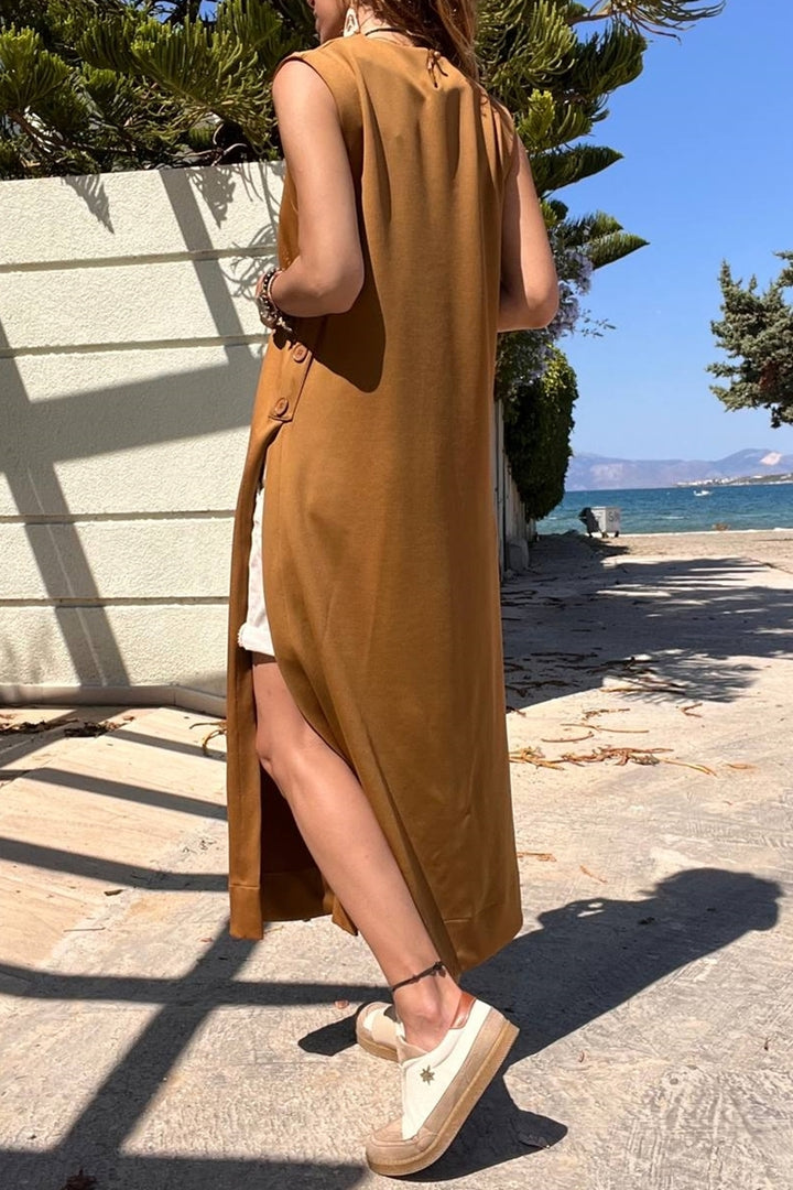 فستان طويل من GNS Woman بني سكوبا بأزرار وفتحة جانبية BST700-3561 - بيليفيلد
