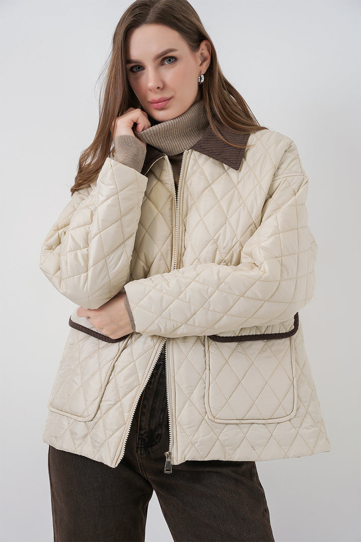 BGD Women Kadın Kapitone Overisze Mont 5229 - Ekru - Chieri
