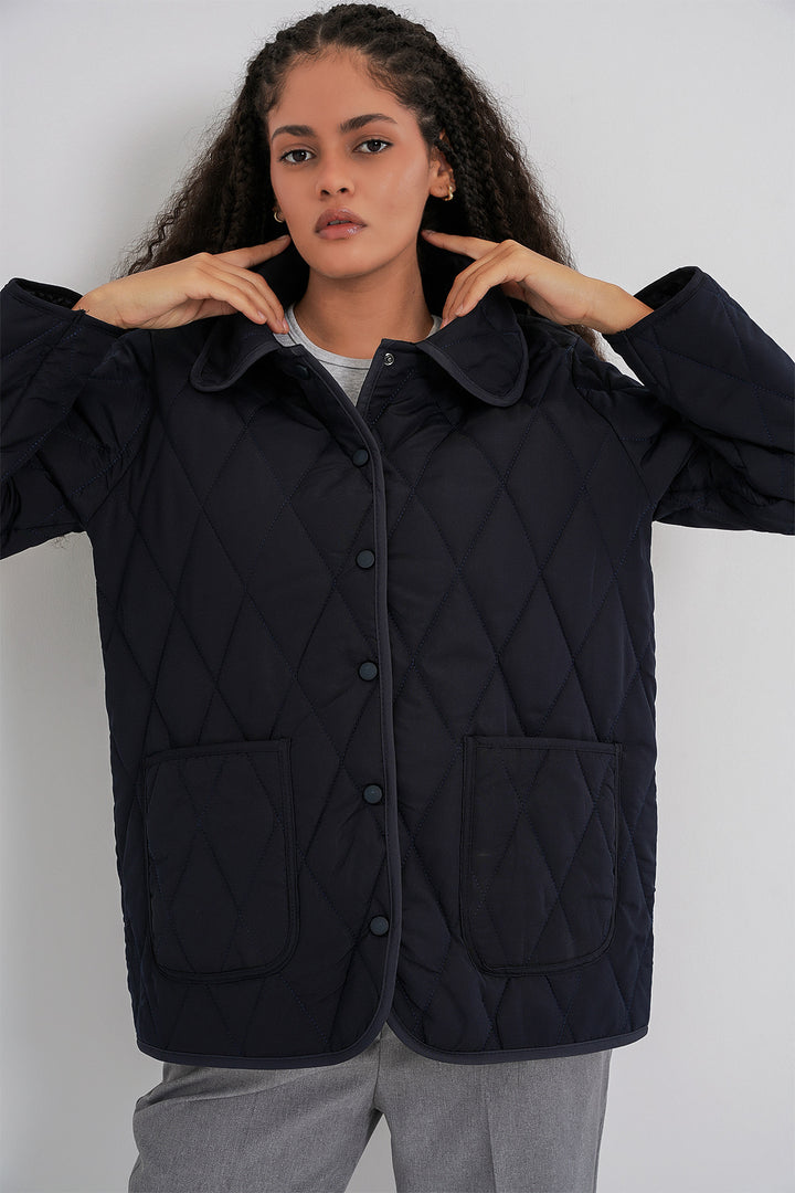 BGD Women Women's Quilted Oversize Coat 5226 - Navy Blue - Kalamazoo