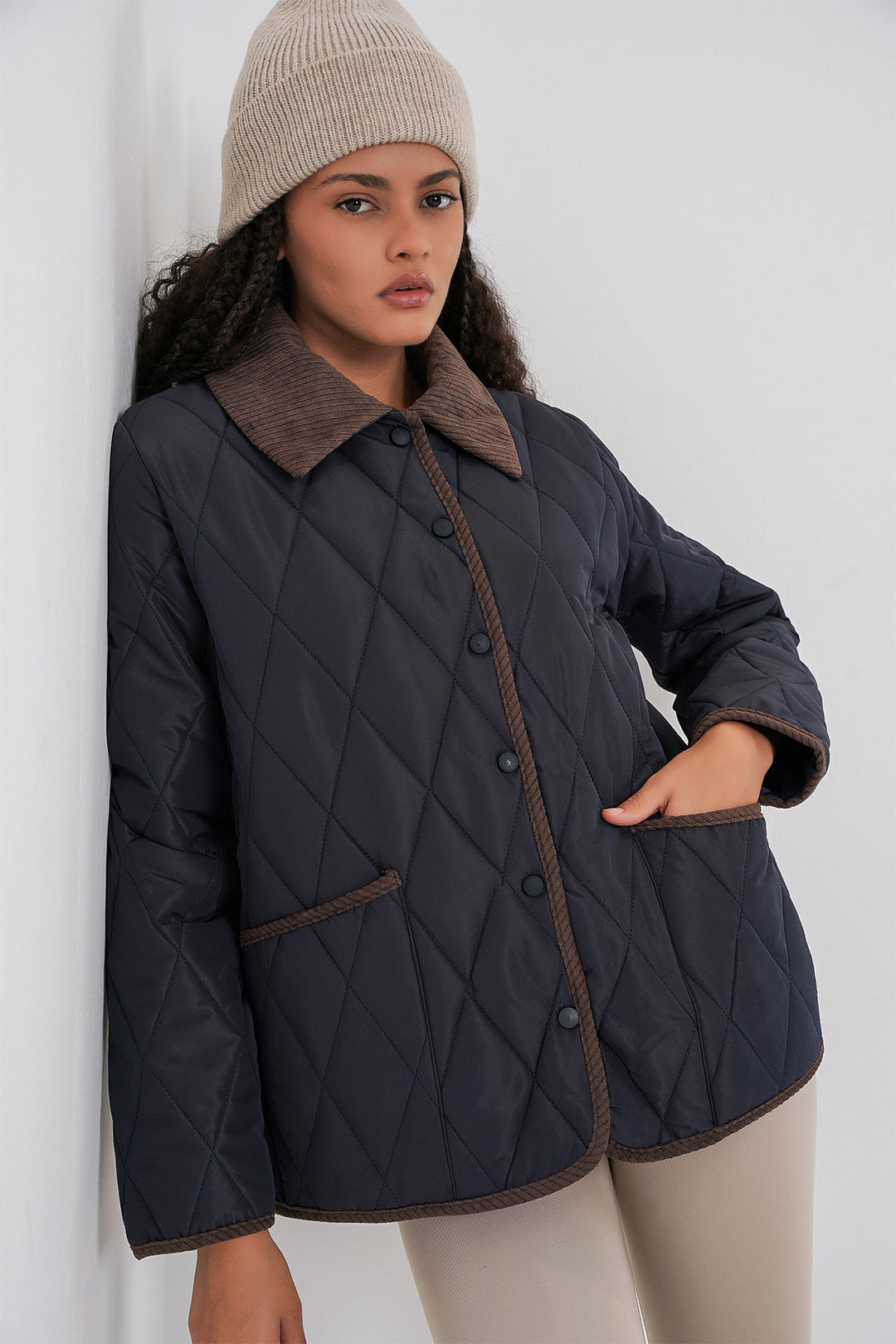 BGD Women Women's Quilted Oversize Coat 5226 - Navy Brown - Thornton Heath