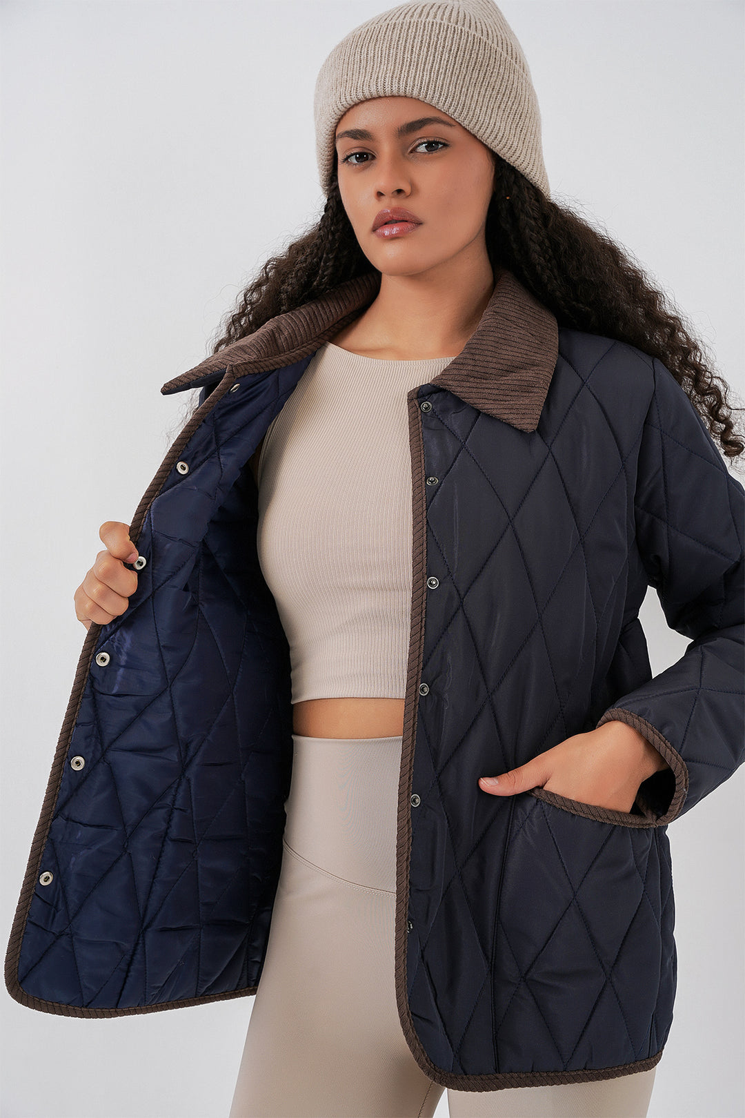 BGD Women Women's Quilted Oversize Coat 5226 - Navy Brown - Thornton Heath