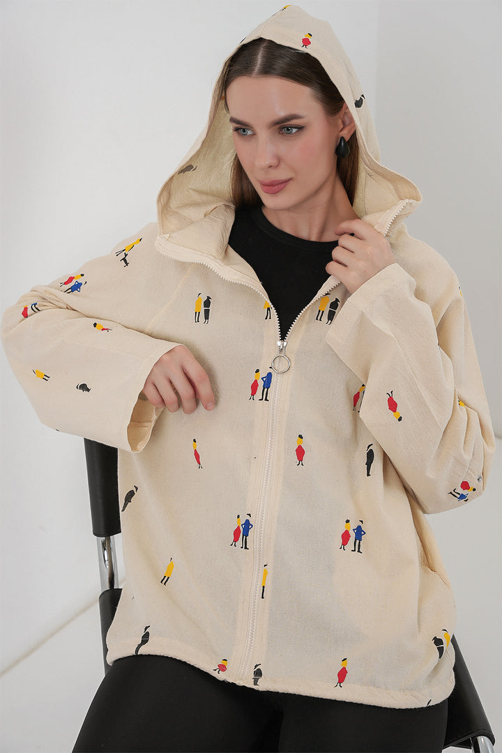 BGD Women Woman Hooded Patterned Linen Jacket 0736 - Ecru - Martigues