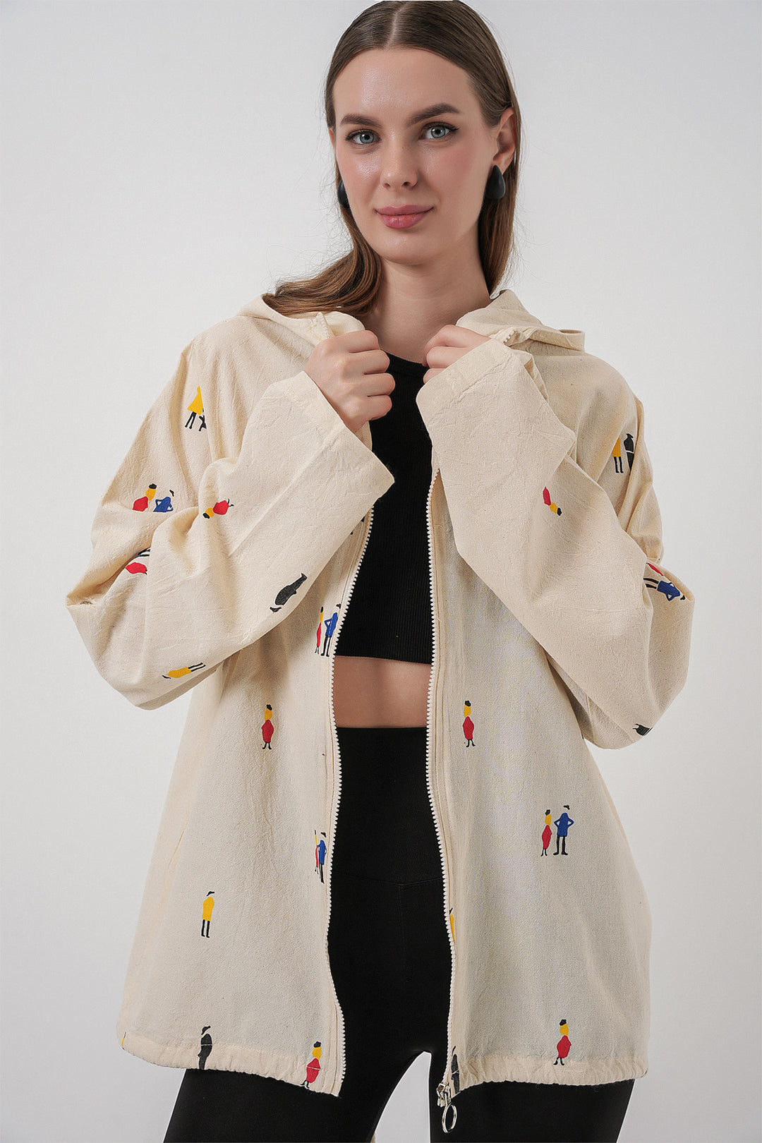 BGD Women Woman Hooded Patterned Linen Jacket 0736 - Ecru - Martigues