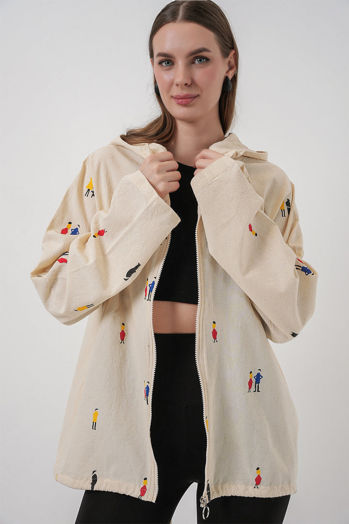 BGD Women Woman Hooded Patterned Linen Jacket 0736 - Ecru - Martigues