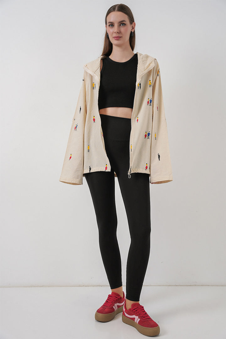 BGD Women Woman Hooded Patterned Linen Jacket 0736 - Ecru - Martigues