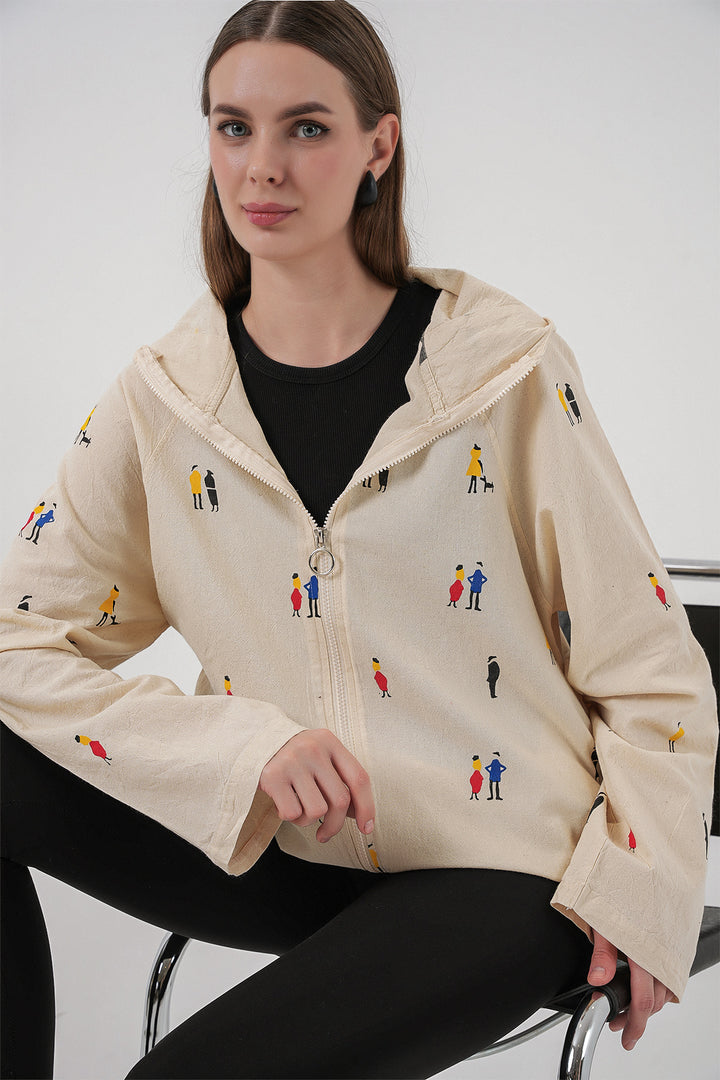 BGD Women Woman Hooded Patterned Linen Jacket 0736 - Ecru - Martigues