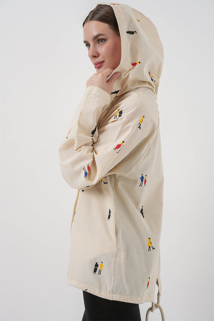 BGD Women Woman Hooded Patterned Linen Jacket 0736 - Ecru - Martigues