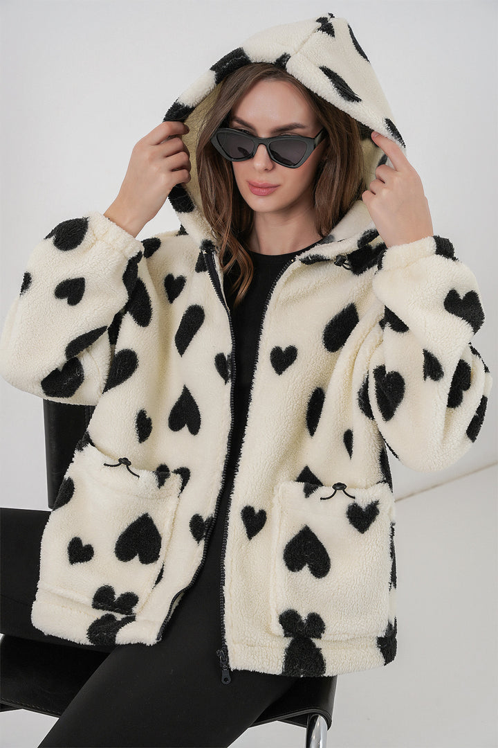 BGD Women Women's Hooded Plush Jacket 5236 - Ecru - Braşov