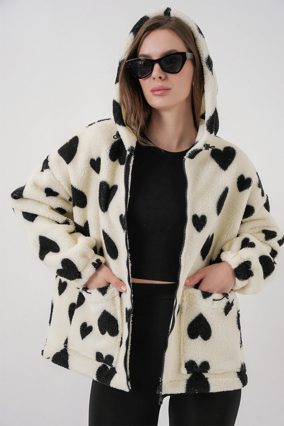 BGD Women Women's Hooded Plush Jacket 5236 - Ecru - Braşov