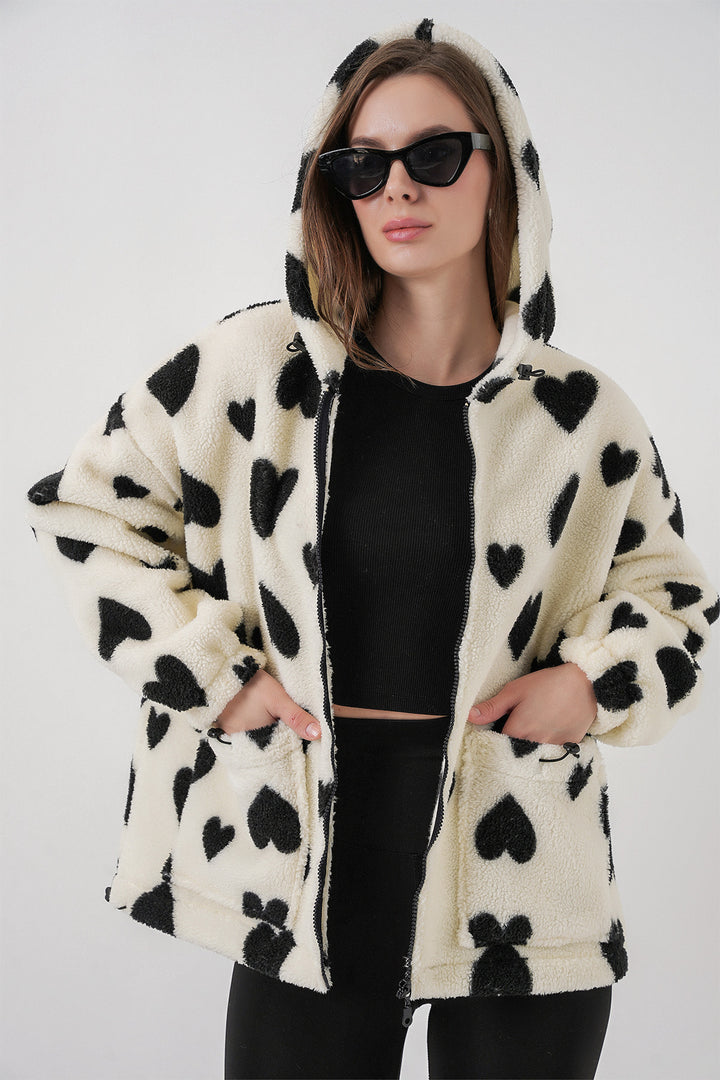 BGD Women Women's Hooded Plush Jacket 5236 - Ecru - Braşov