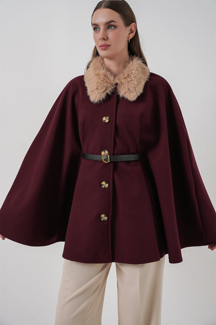 BGD Women Kadın Kemerli Kaşe Panço 9165 - Bordo - Wythenshawe