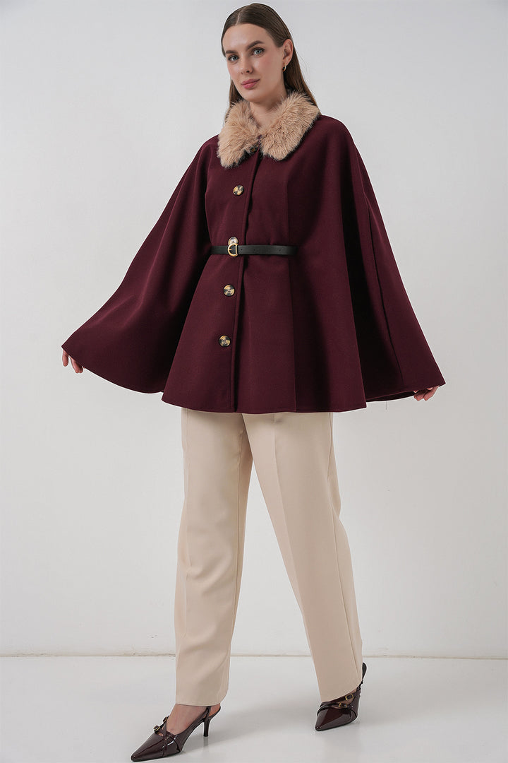 BGD Women Kadın Kemerli Kaşe Panço 9165 - Bordo - Wythenshawe