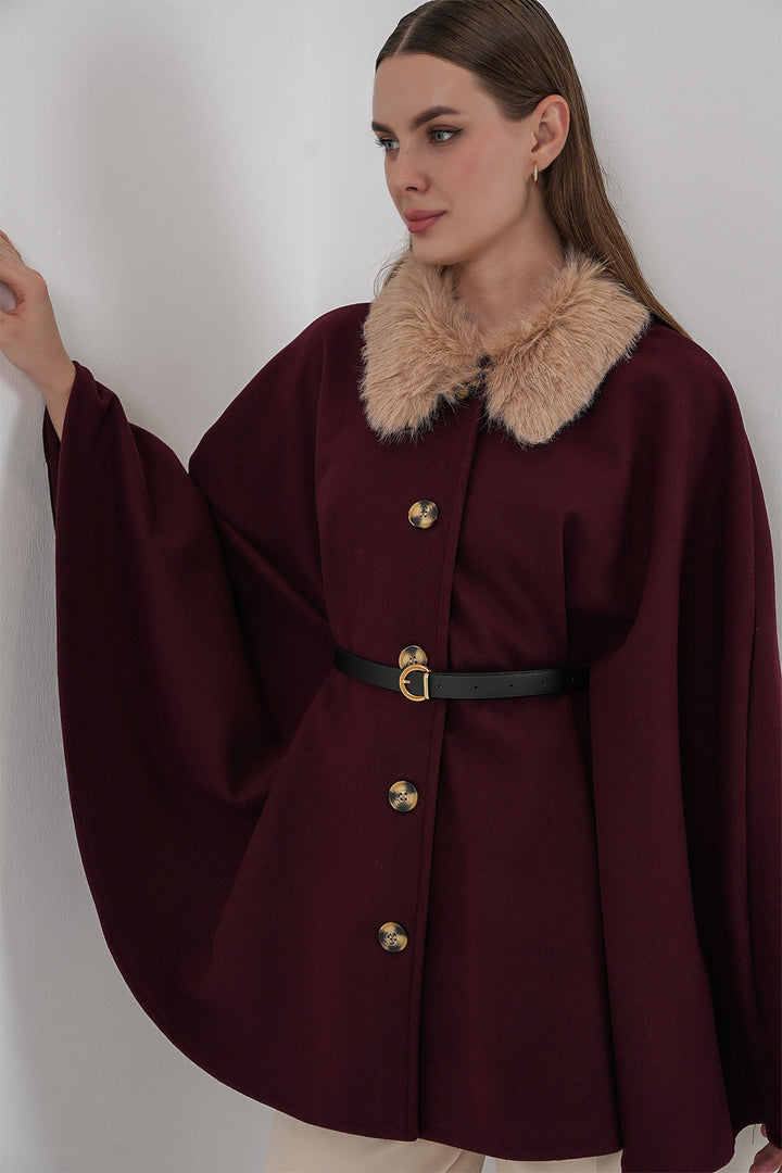 BGD Women Kadın Kemerli Kaşe Panço 9165 - Bordo - Wythenshawe