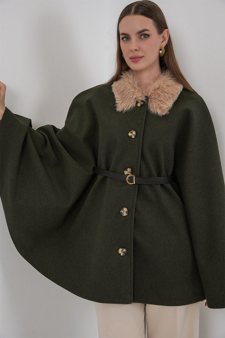 BGD Women Kadın Kemerli Kaşe Panço 9165 - Haki - Loughborough