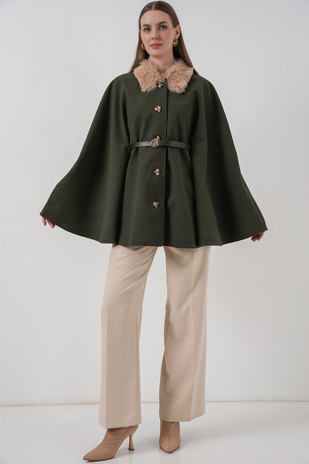 BGD Women Kadın Kemerli Kaşe Panço 9165 - Haki - Loughborough