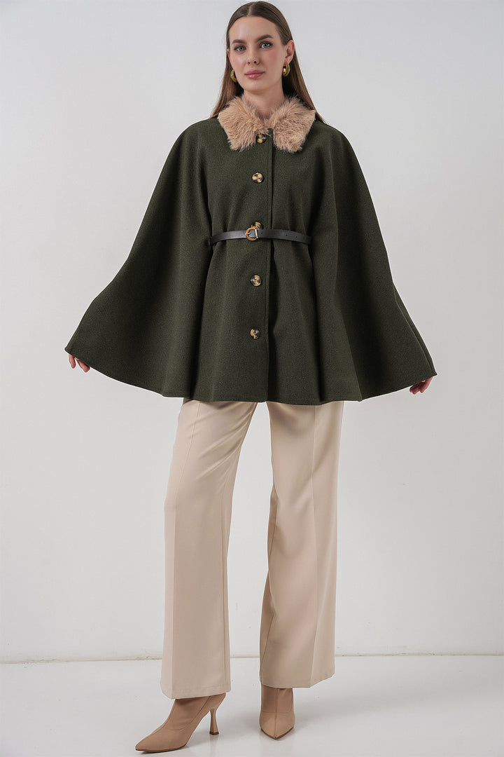 BGD Women Kadın Kemerli Kaşe Panço 9165 - Haki - Loughborough