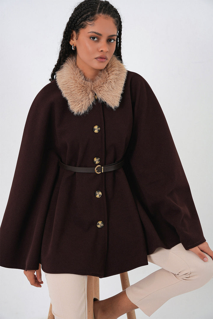 BGD Women Kadın Kemerli Kaşe Panço 9165 - Kahverengi - Kensington