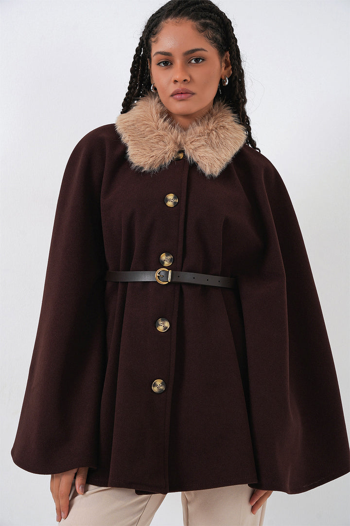 BGD Women Kadın Kemerli Kaşe Panço 9165 - Kahverengi - Kensington