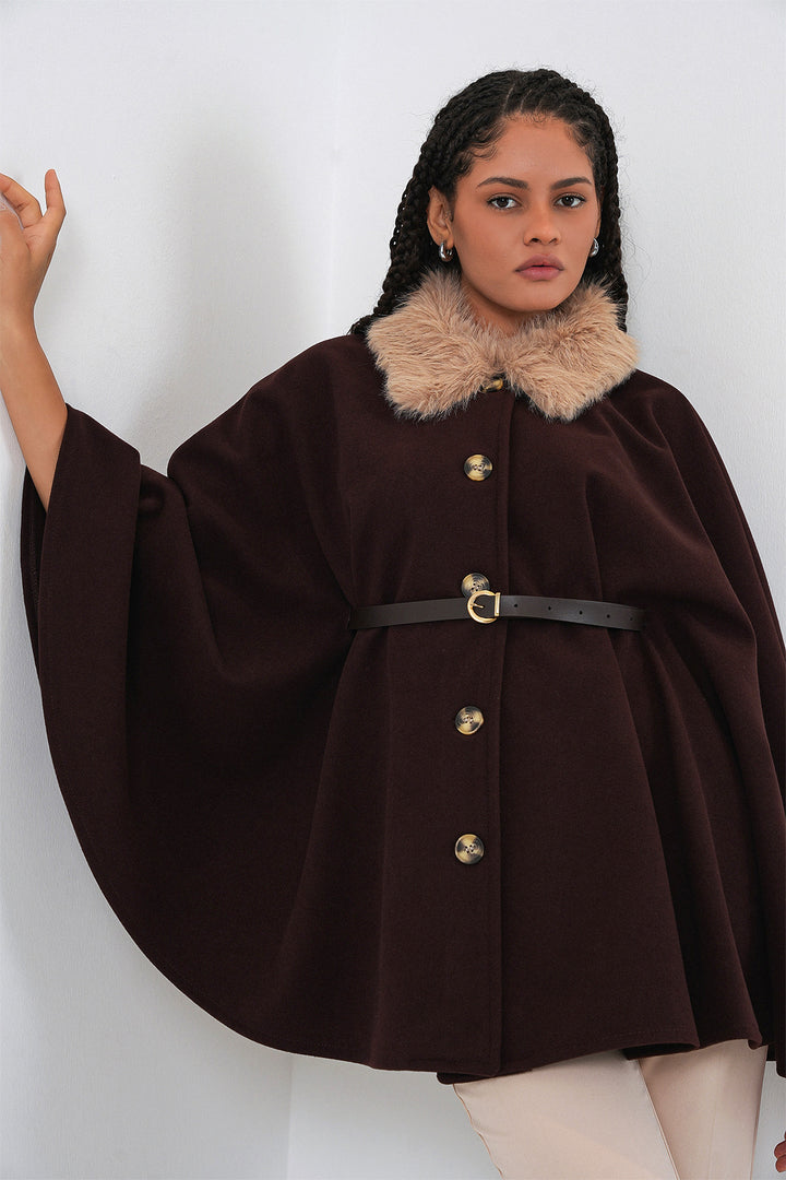 BGD Women Kadın Kemerli Kaşe Panço 9165 - Kahverengi - Kensington