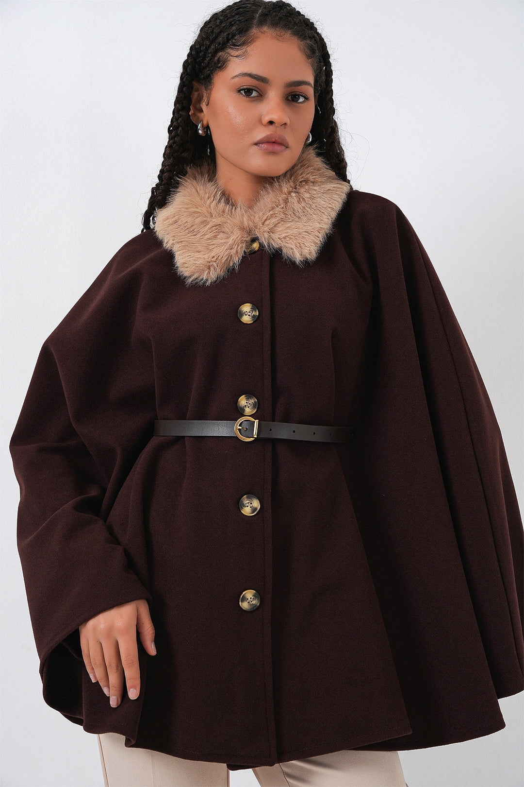 BGD Women Kadın Kemerli Kaşe Panço 9165 - Kahverengi - Kensington