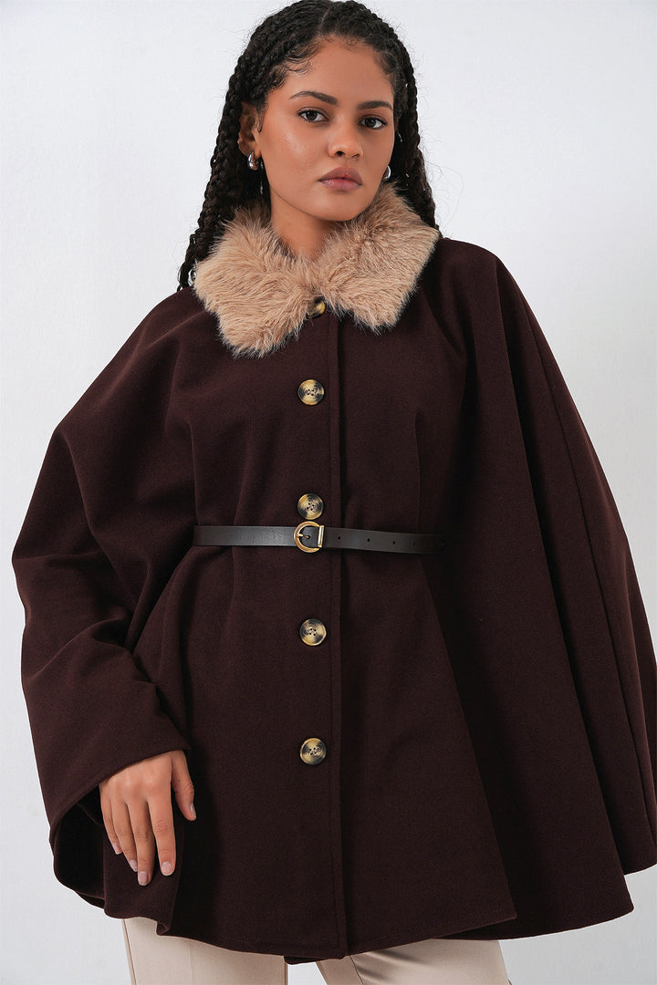 BGD Women Kadın Kemerli Kaşe Panço 9165 - Kahverengi - Kensington