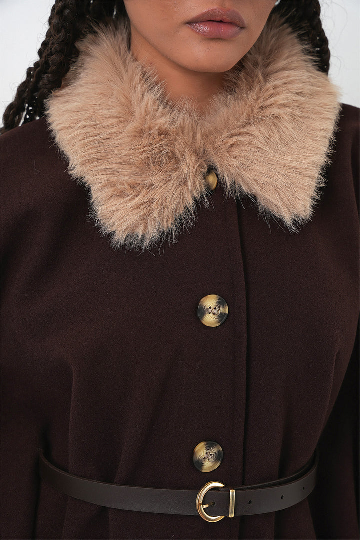 BGD Women Kadın Kemerli Kaşe Panço 9165 - Kahverengi - Kensington