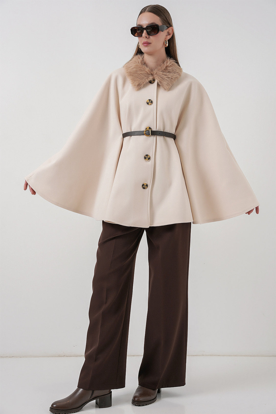 BGD Women Kadın Kemerli Kaşe Panço 9165 - Krem - Pompano Beach