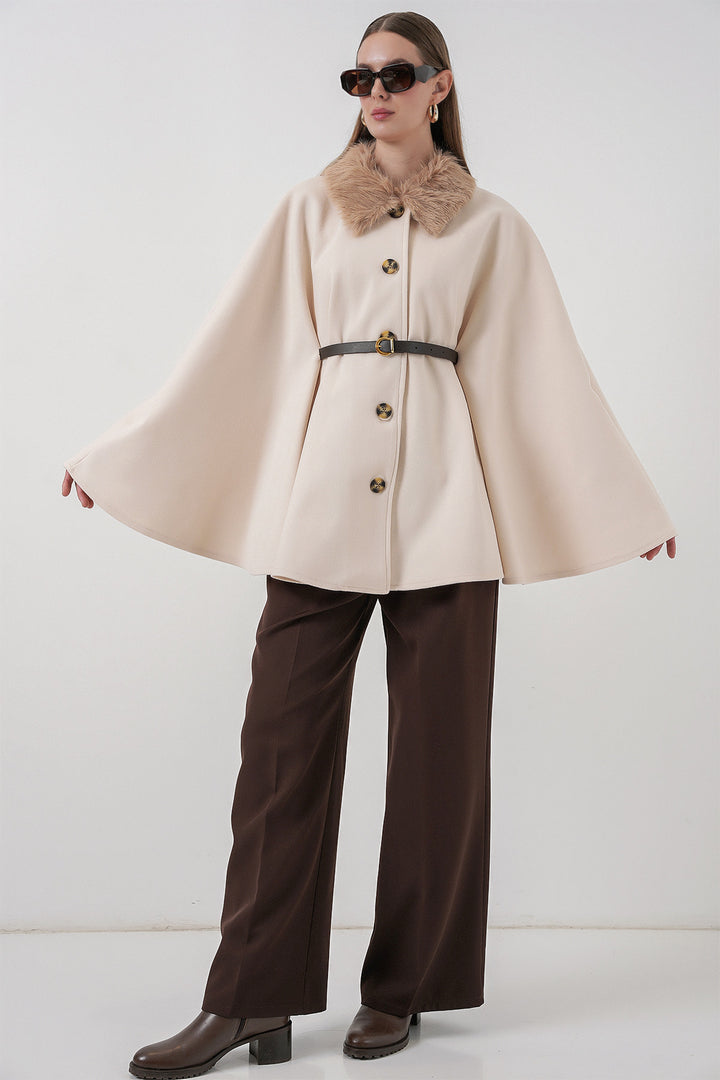 BGD Women Kadın Kemerli Kaşe Panço 9165 - Krem - Pompano Beach