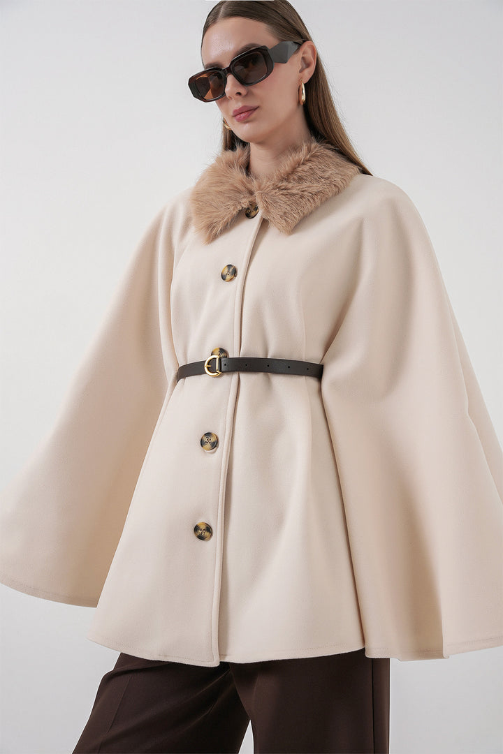 BGD Women Kadın Kemerli Kaşe Panço 9165 - Krem - Pompano Beach