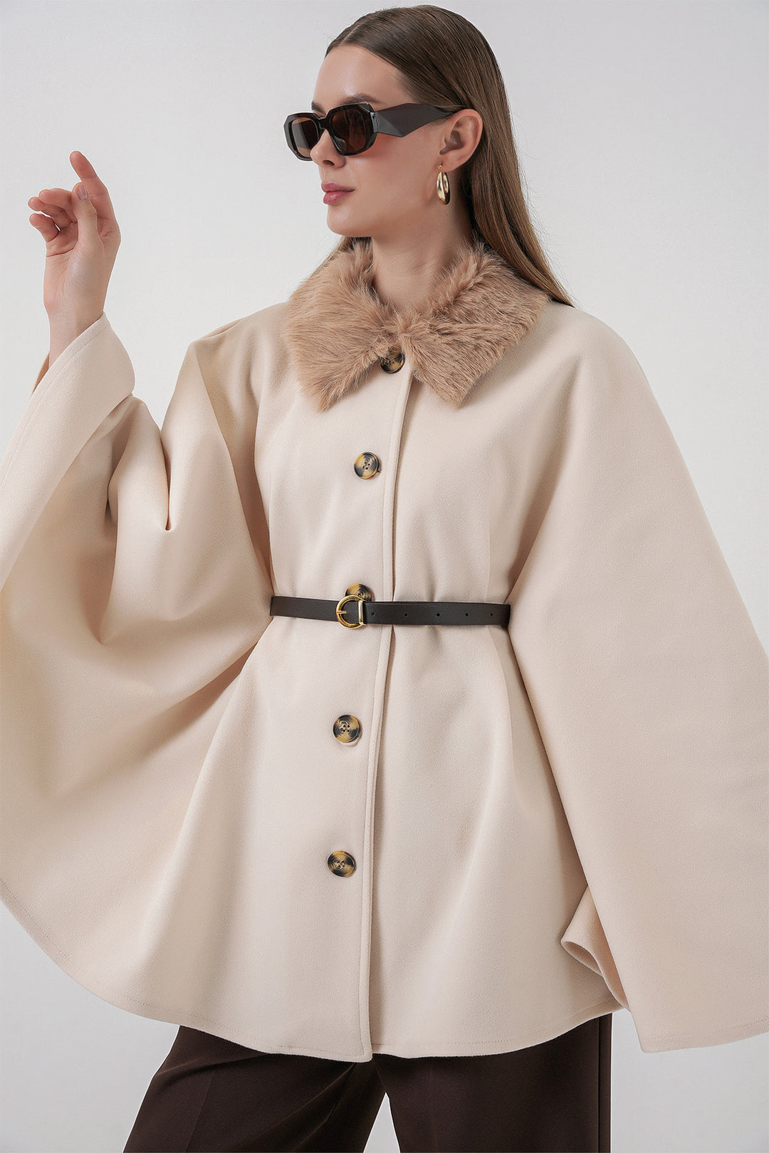 BGD Women Kadın Kemerli Kaşe Panço 9165 - Krem - Pompano Beach