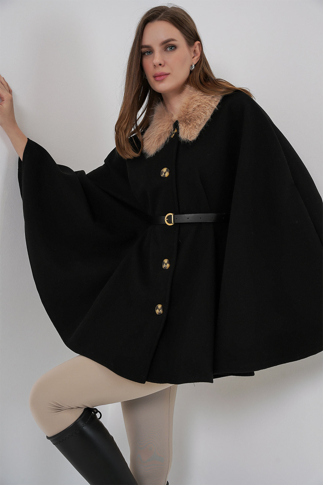 BGD Women Women's Belted Cape Coat 9165 - Black - Reggio di Calabria