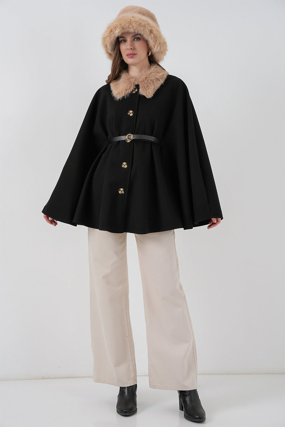 BGD Women Women's Belted Cape Coat 9165 - Black - Reggio di Calabria